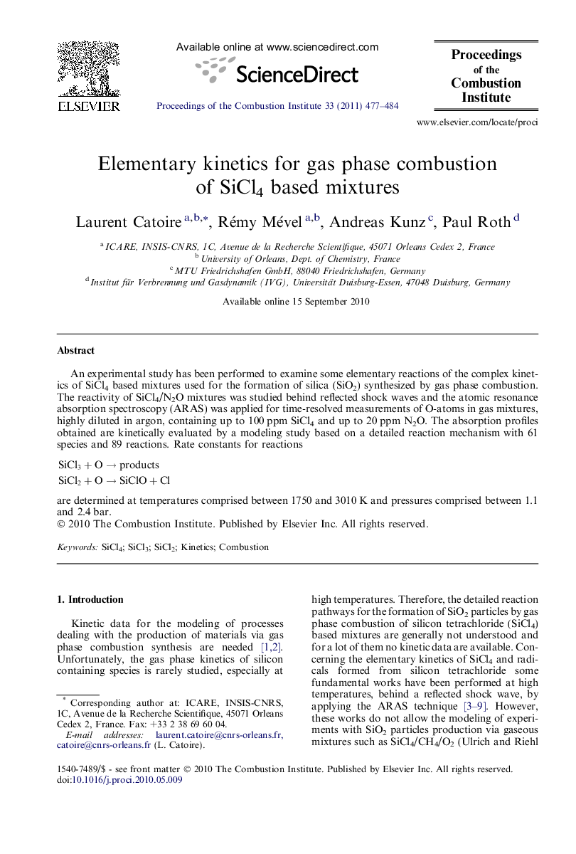 Elementary kinetics for gas phase combustion of SiCl4 based mixtures