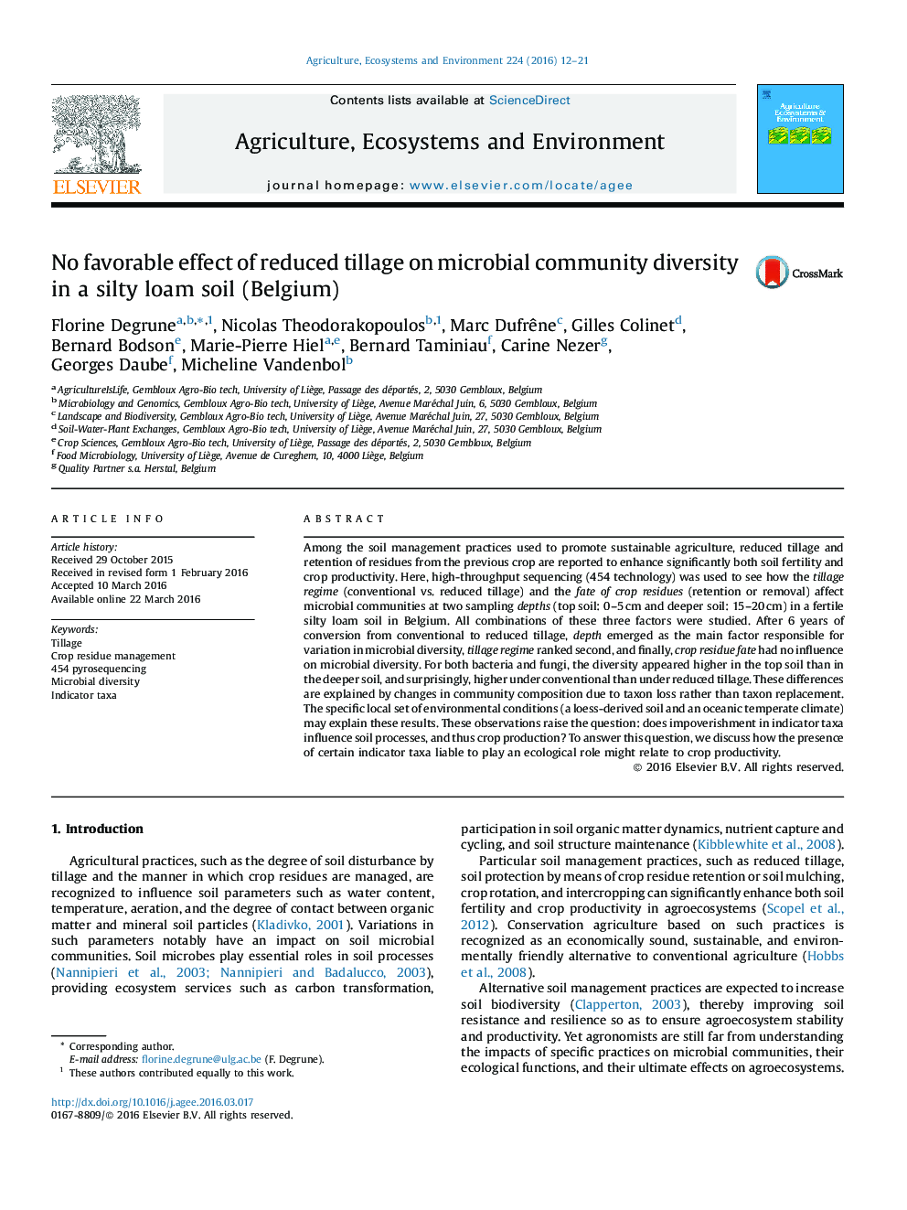 No favorable effect of reduced tillage on microbial community diversity in a silty loam soil (Belgium)