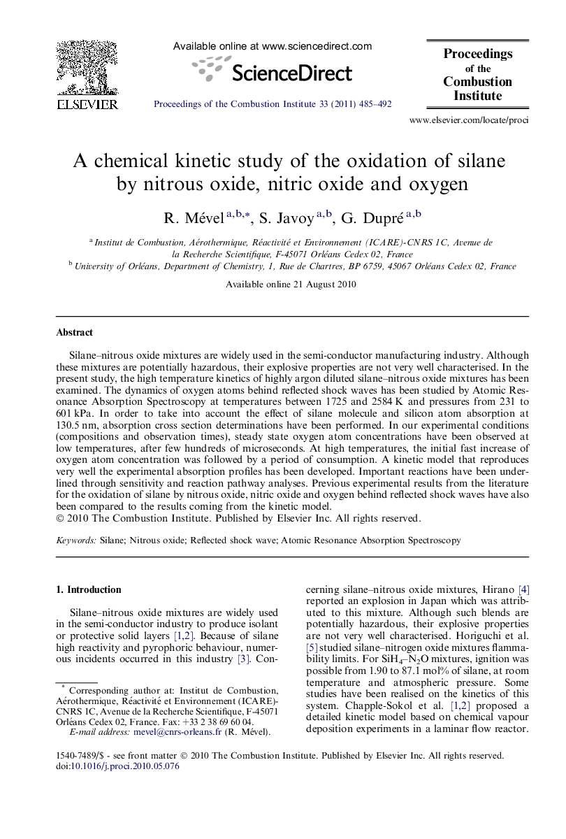 A chemical kinetic study of the oxidation of silane by nitrous oxide, nitric oxide and oxygen