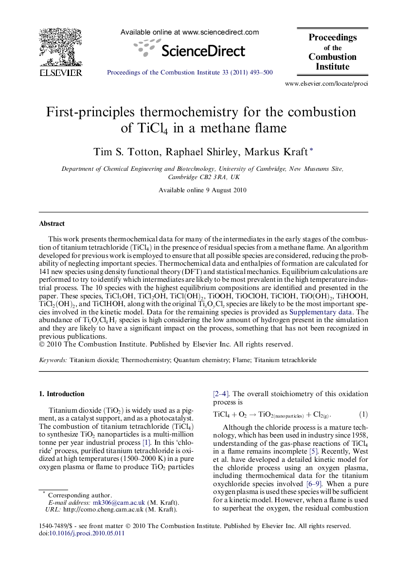 First-principles thermochemistry for the combustion of TiCl4TiCl4 in a methane flame