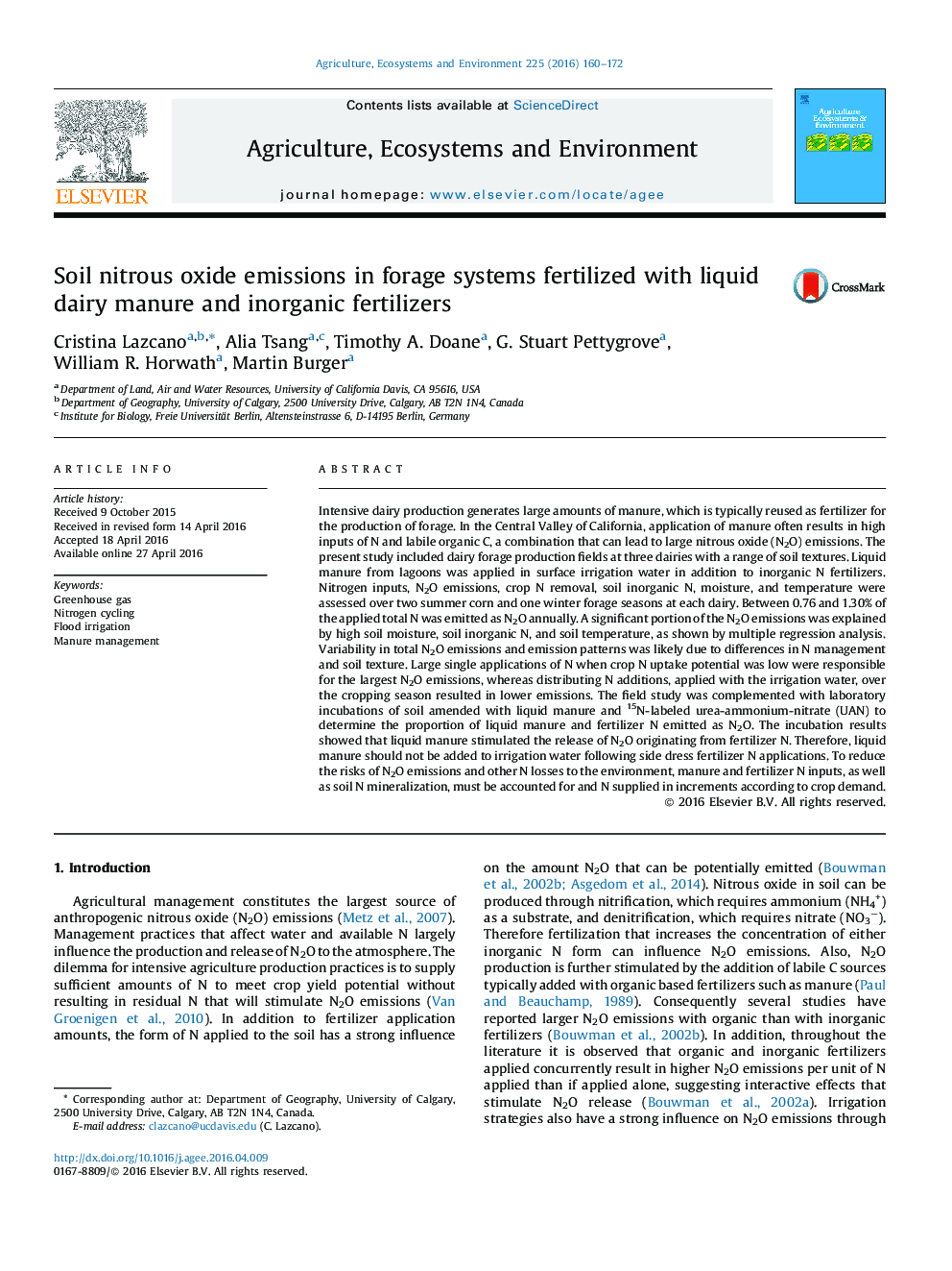 Soil nitrous oxide emissions in forage systems fertilized with liquid dairy manure and inorganic fertilizers