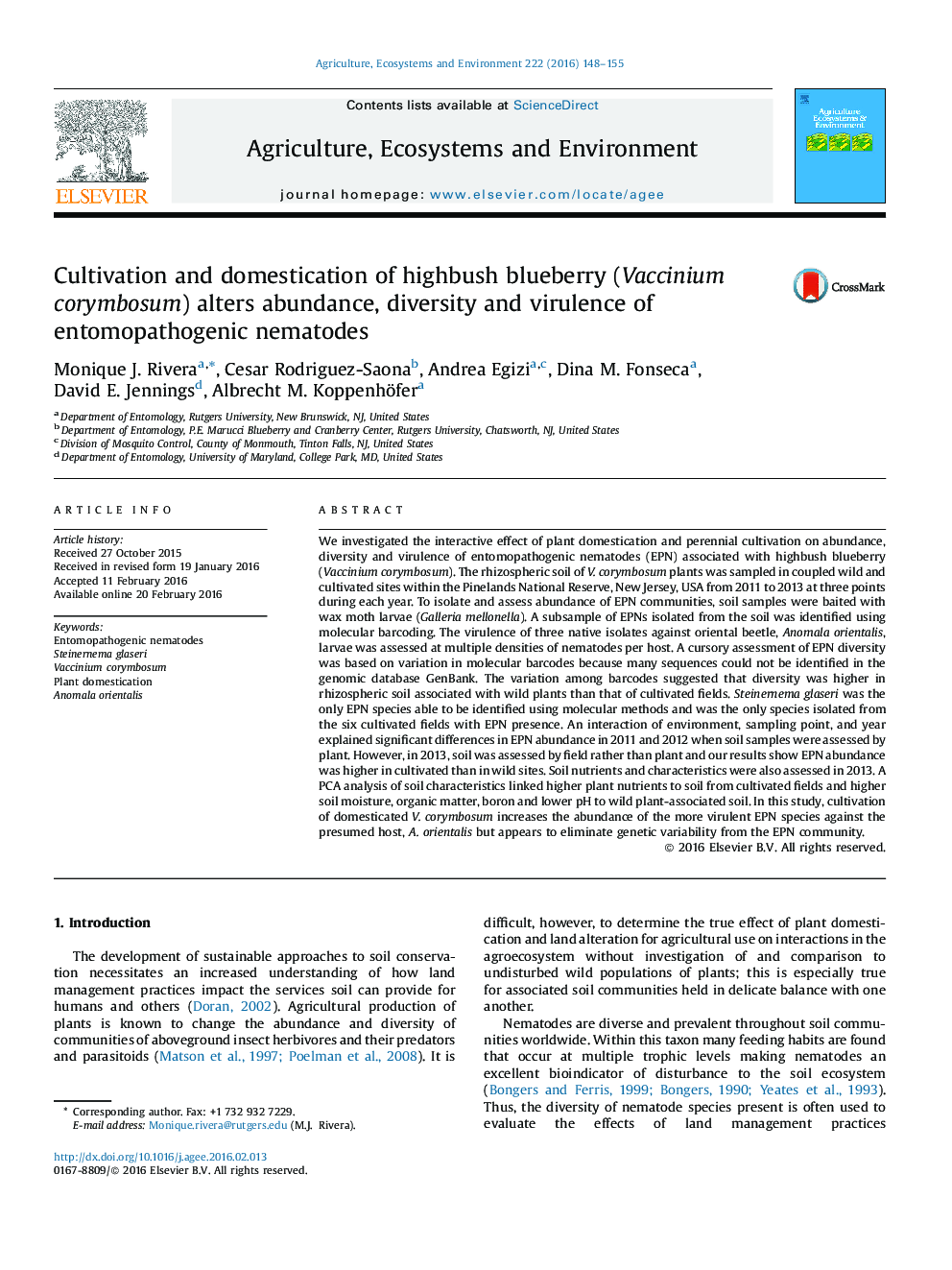 Cultivation and domestication of highbush blueberry (Vaccinium corymbosum) alters abundance, diversity and virulence of entomopathogenic nematodes