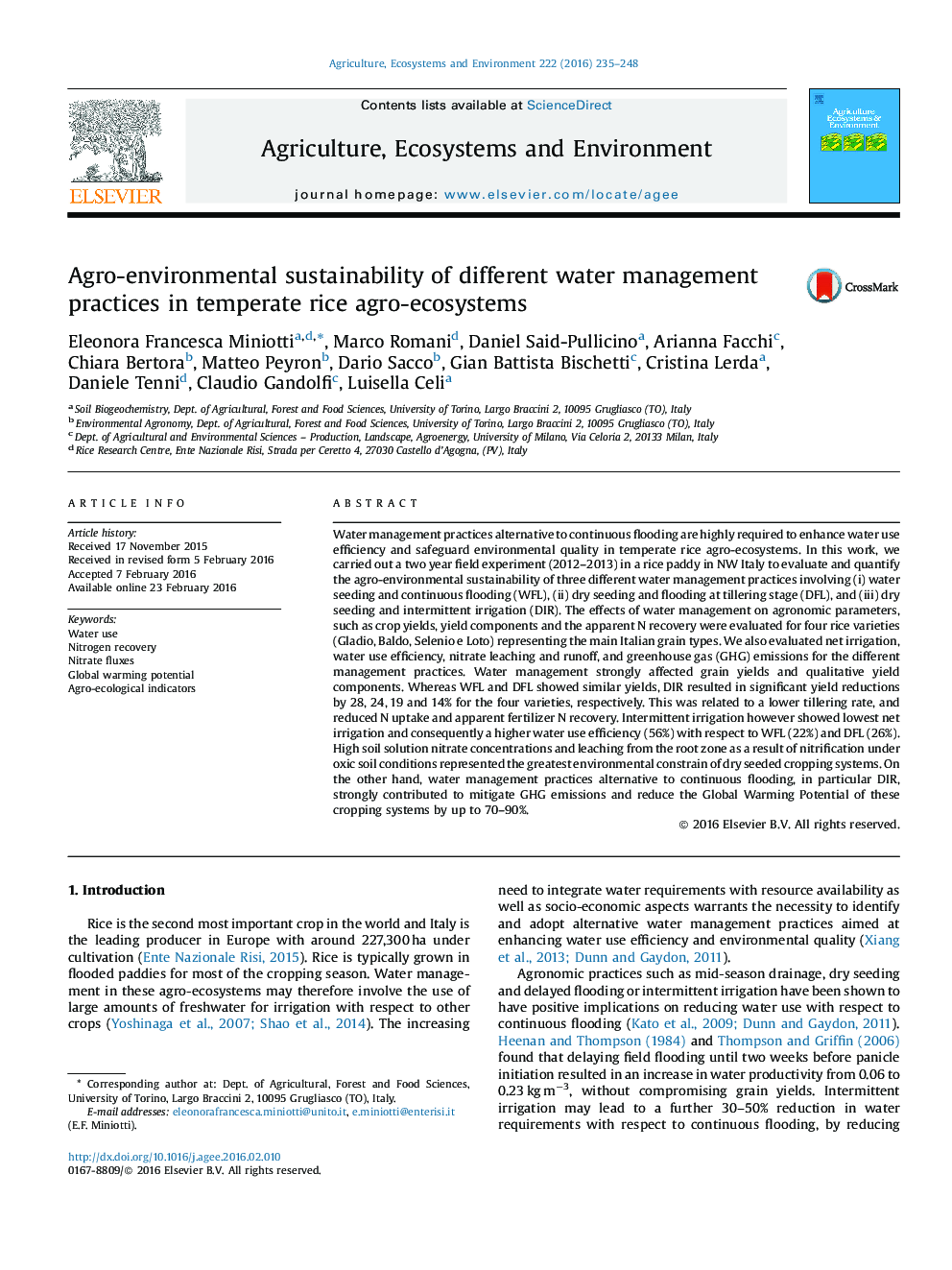 Agro-environmental sustainability of different water management practices in temperate rice agro-ecosystems