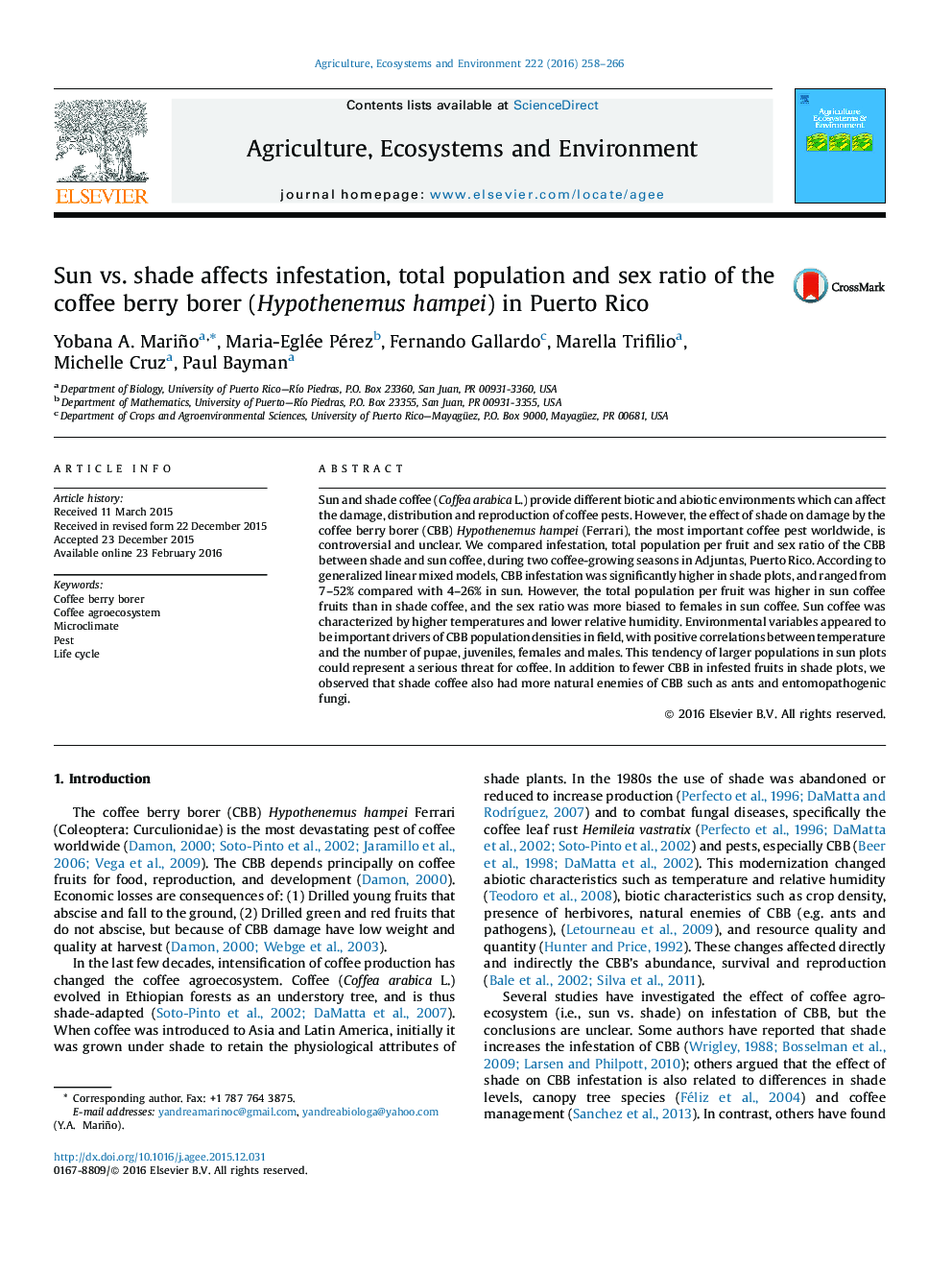 Sun vs. shade affects infestation, total population and sex ratio of the coffee berry borer (Hypothenemus hampei) in Puerto Rico