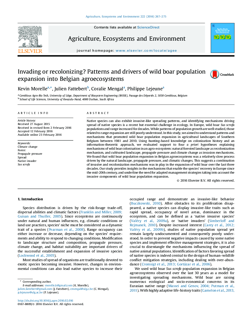 Invading or recolonizing? Patterns and drivers of wild boar population expansion into Belgian agroecosystems