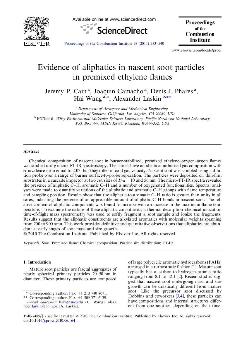 Evidence of aliphatics in nascent soot particles in premixed ethylene flames