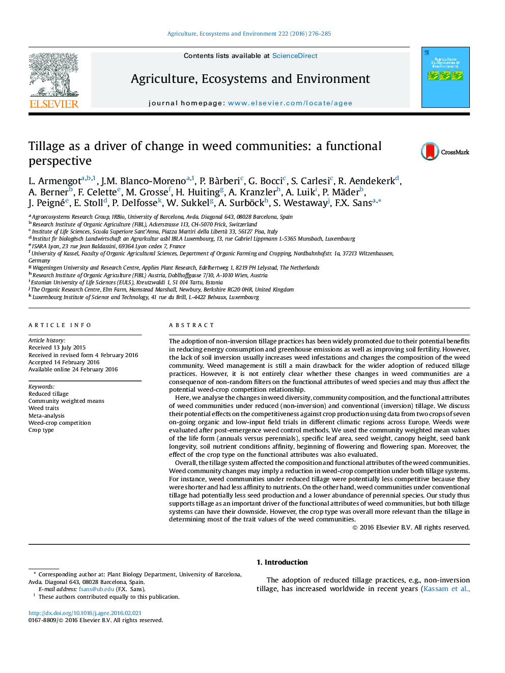 Tillage as a driver of change in weed communities: a functional perspective