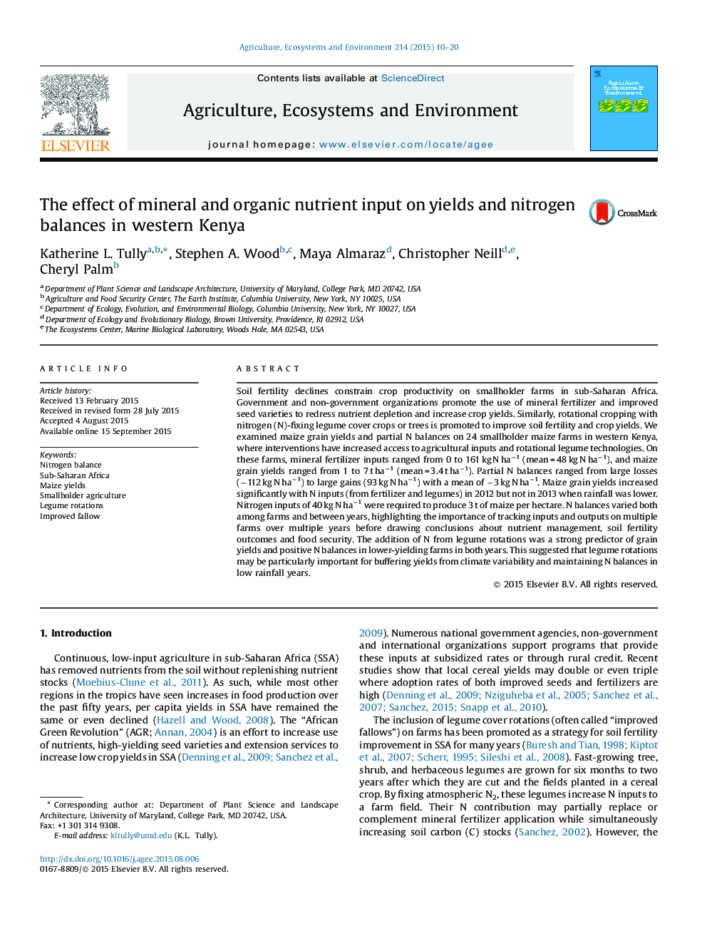 The effect of mineral and organic nutrient input on yields and nitrogen balances in western Kenya