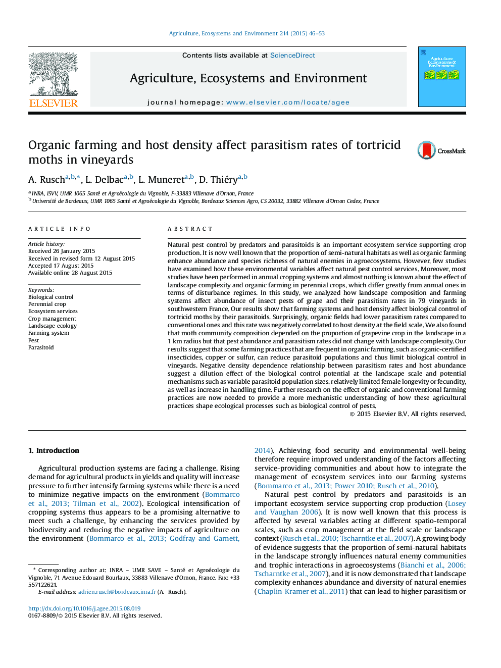 Organic farming and host density affect parasitism rates of tortricid moths in vineyards