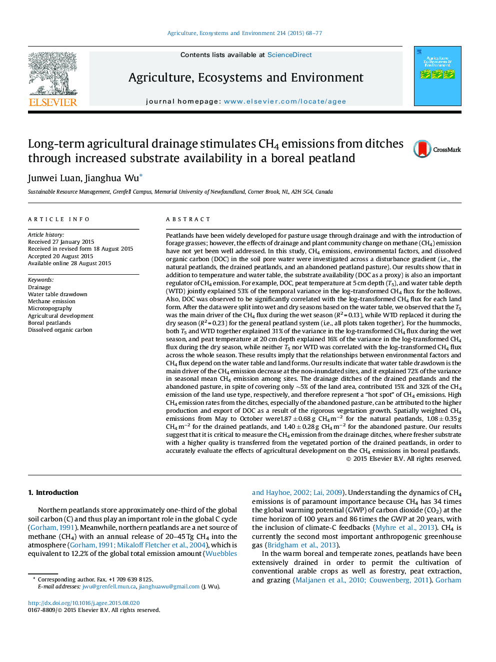 Long-term agricultural drainage stimulates CH4 emissions from ditches through increased substrate availability in a boreal peatland