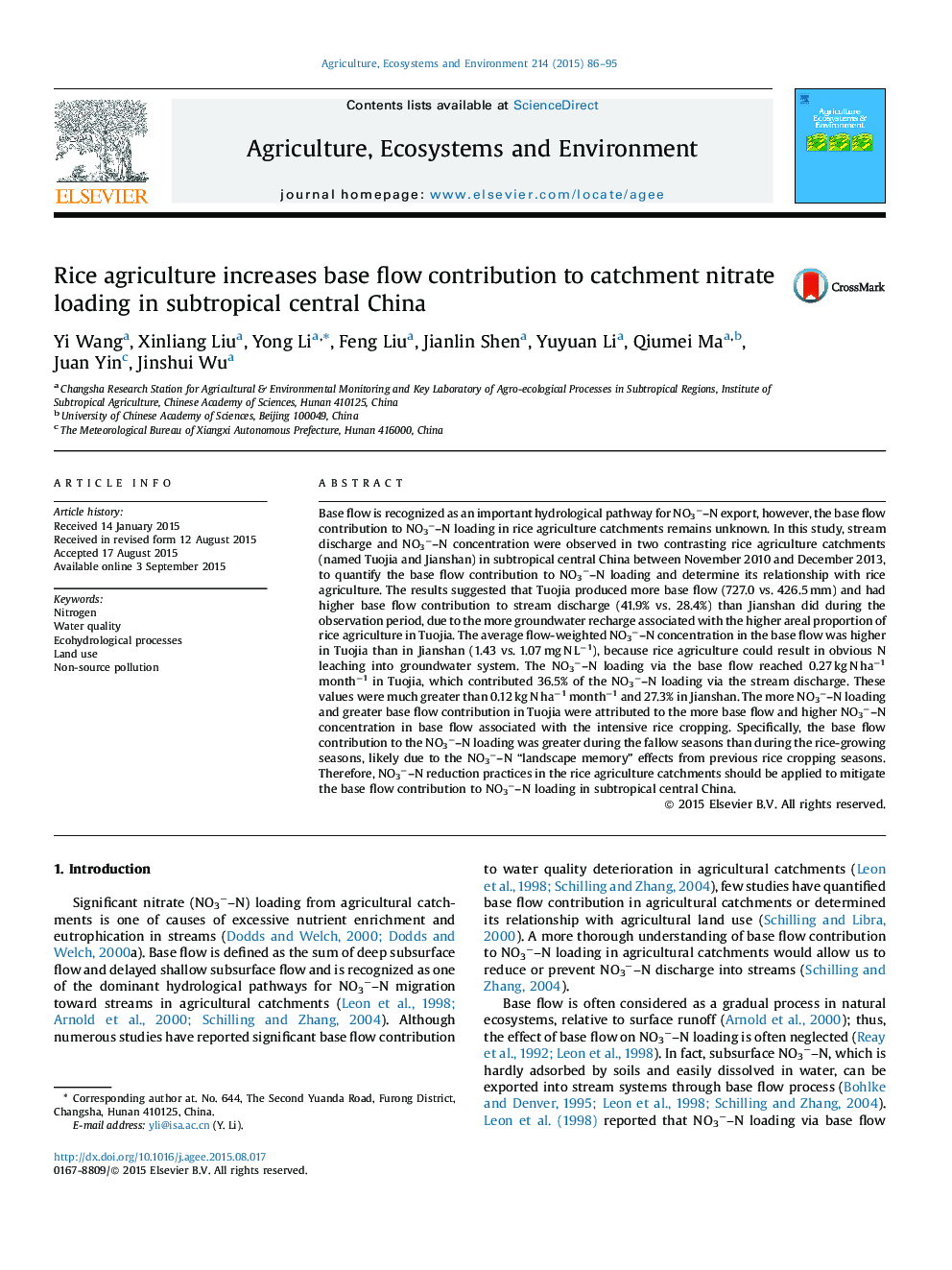 Rice agriculture increases base flow contribution to catchment nitrate loading in subtropical central China