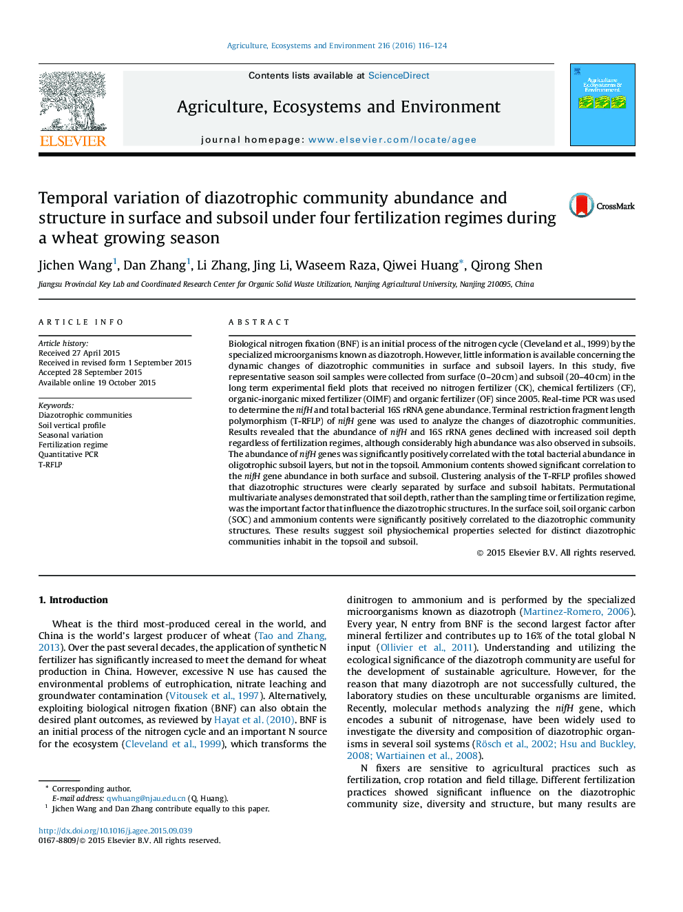 Temporal variation of diazotrophic community abundance and structure in surface and subsoil under four fertilization regimes during a wheat growing season