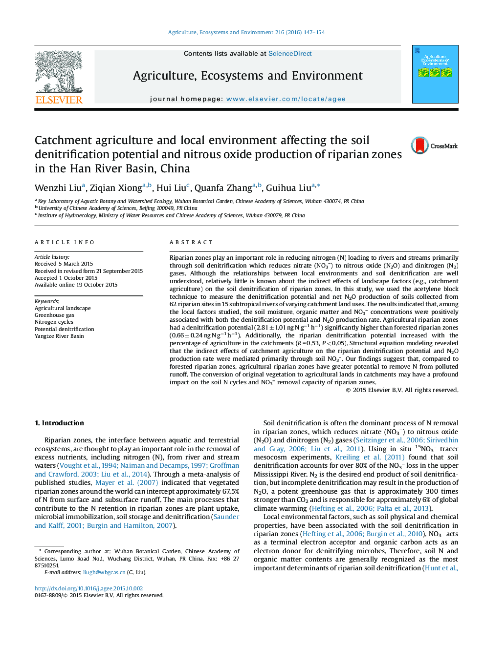 Catchment agriculture and local environment affecting the soil denitrification potential and nitrous oxide production of riparian zones in the Han River Basin, China