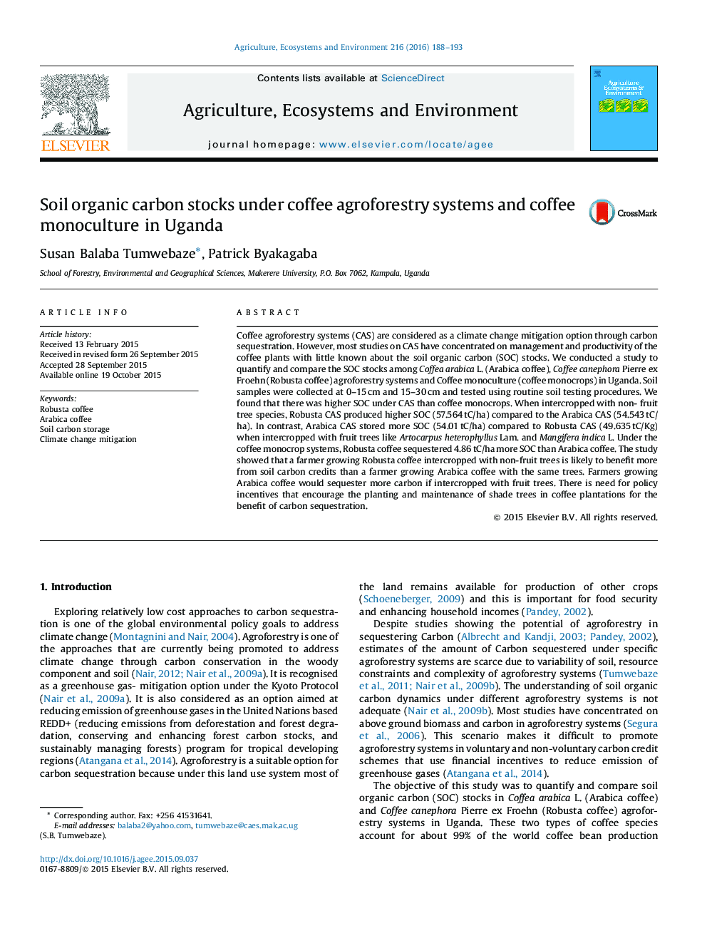 Soil organic carbon stocks under coffee agroforestry systems and coffee monoculture in Uganda