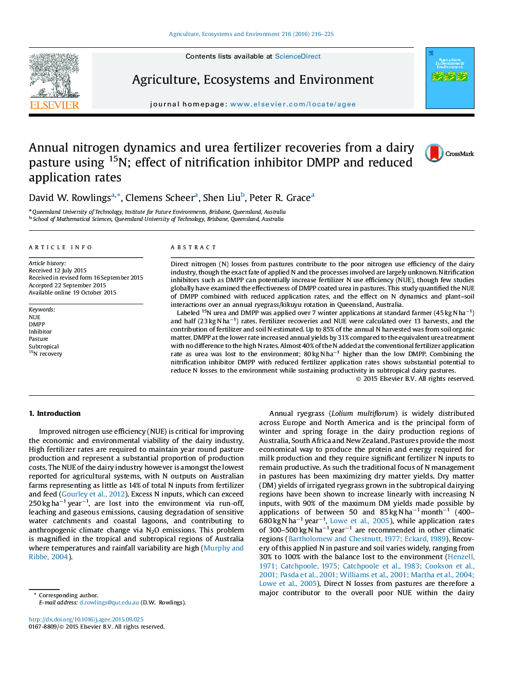 Annual nitrogen dynamics and urea fertilizer recoveries from a dairy pasture using 15N; effect of nitrification inhibitor DMPP and reduced application rates