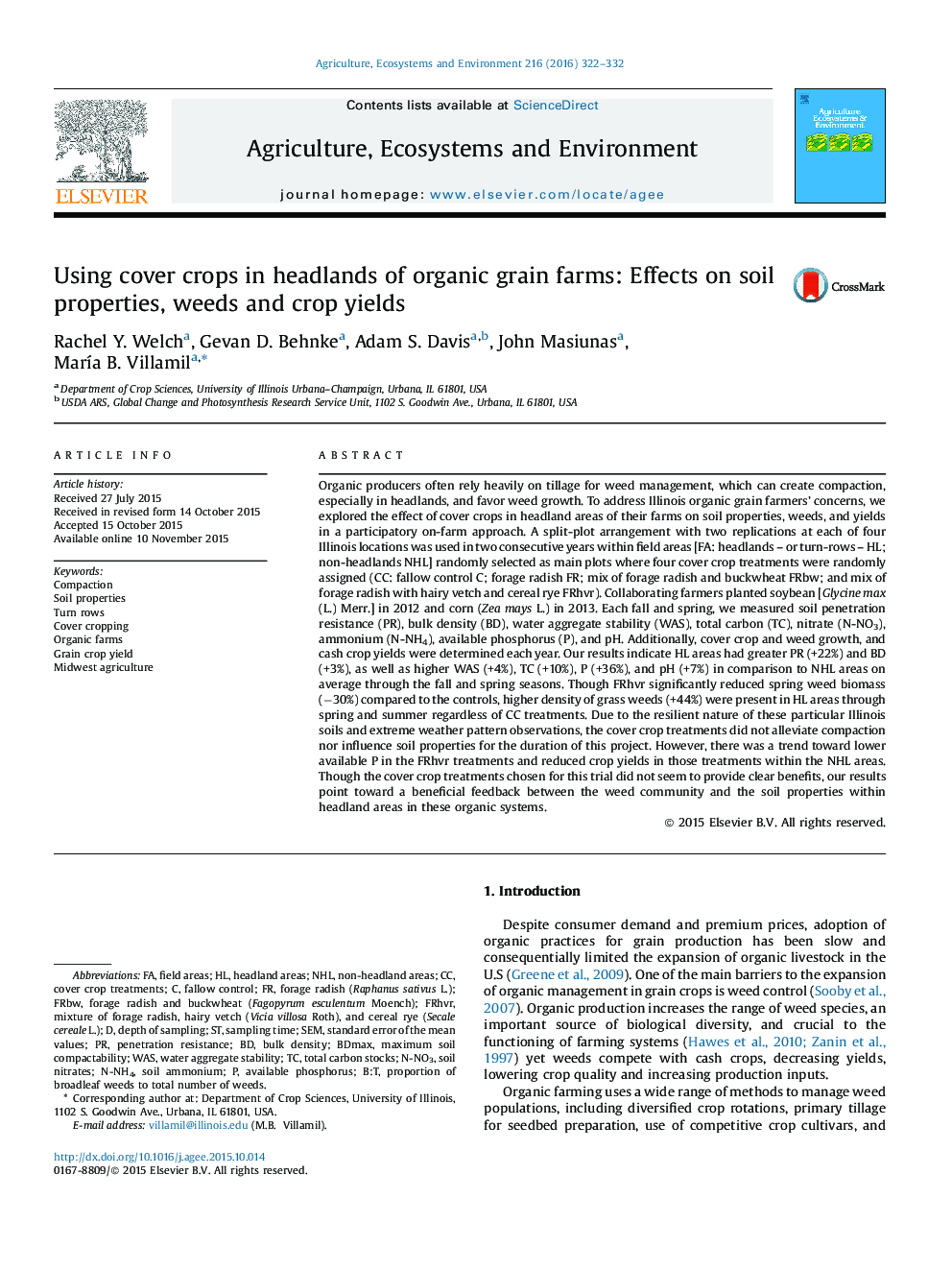 Using cover crops in headlands of organic grain farms: Effects on soil properties, weeds and crop yields
