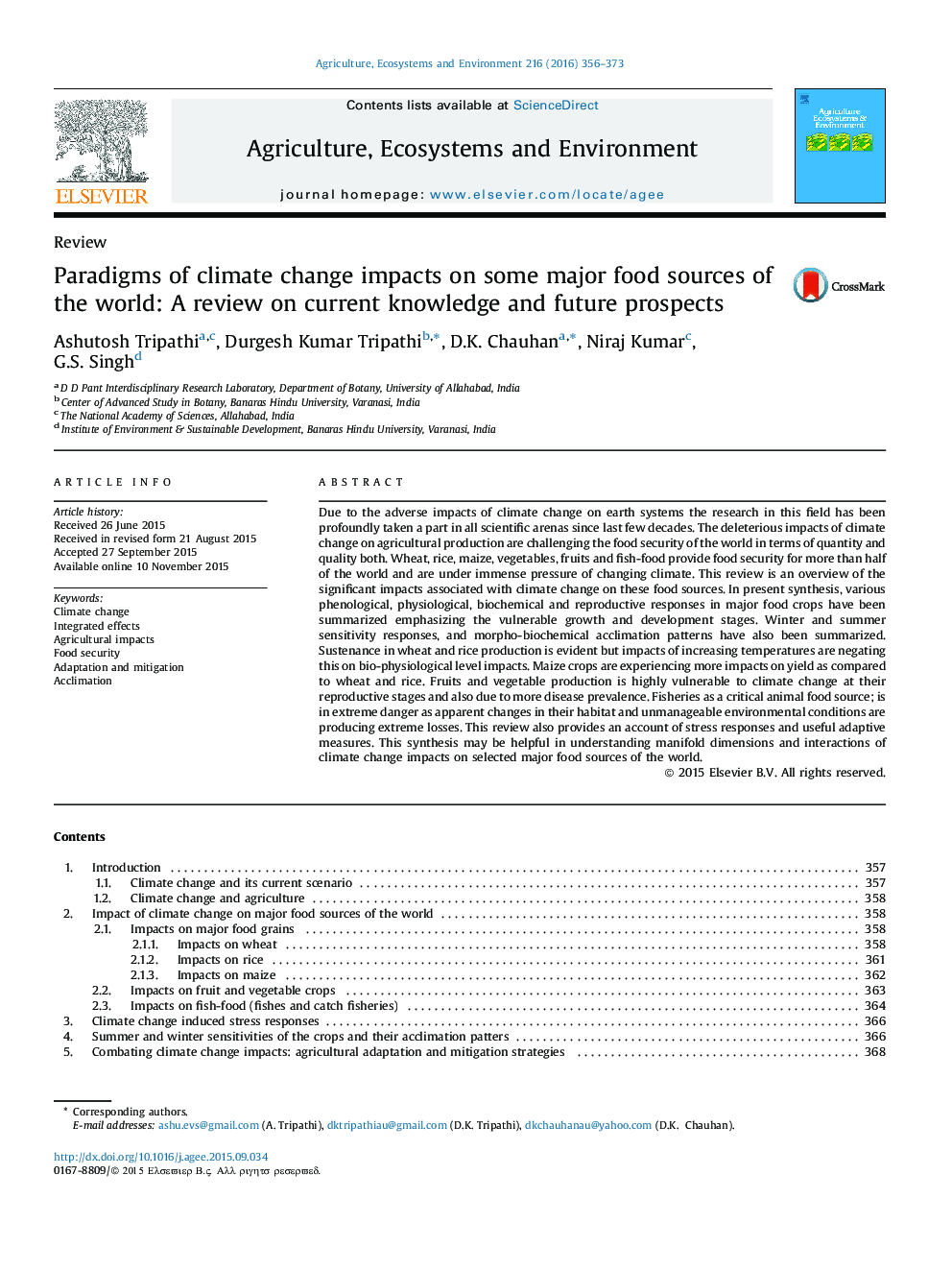 Paradigms of climate change impacts on some major food sources of the world: A review on current knowledge and future prospects