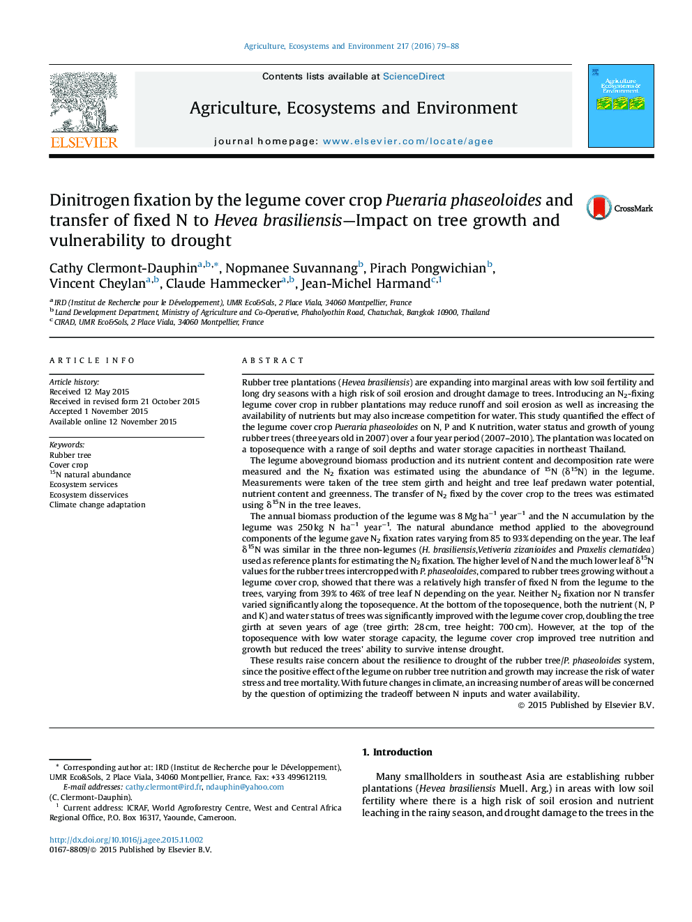 Dinitrogen fixation by the legume cover crop Pueraria phaseoloides and transfer of fixed N to Hevea brasiliensis—Impact on tree growth and vulnerability to drought