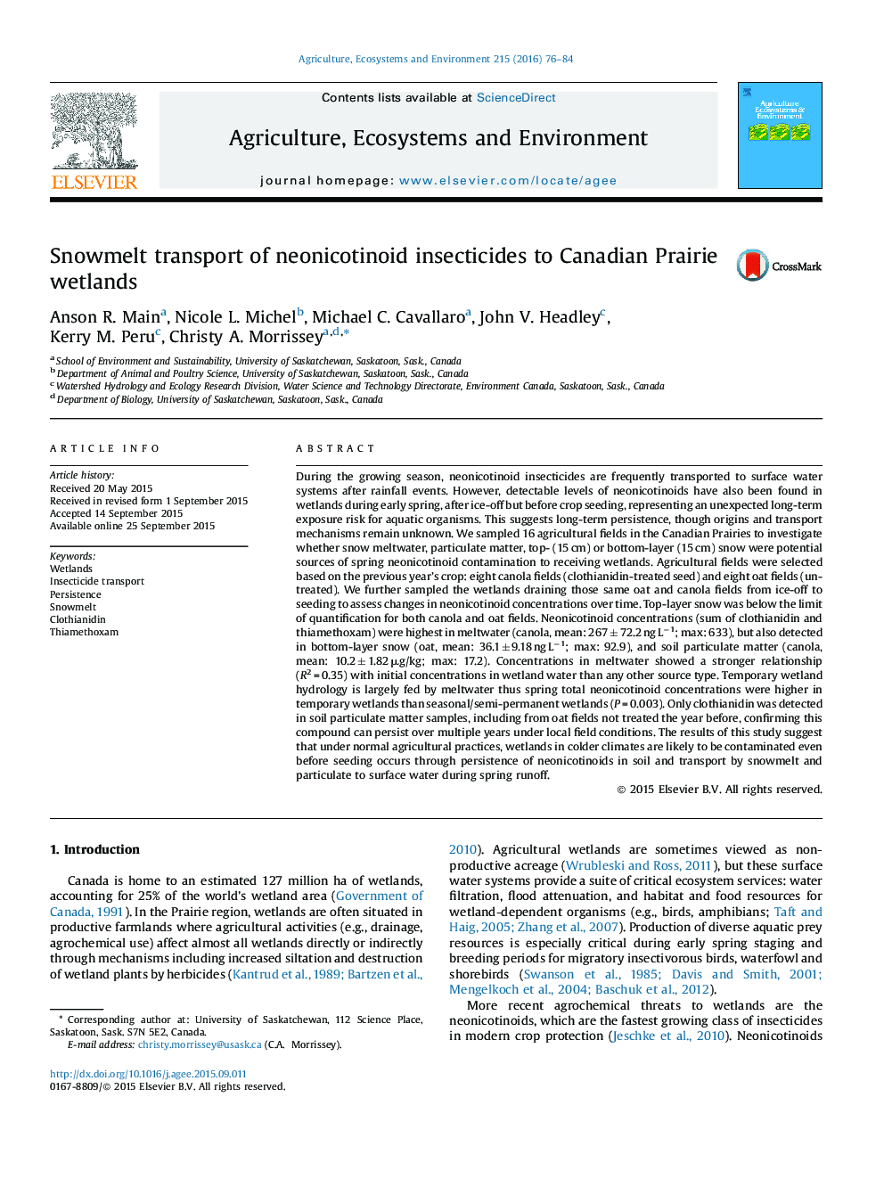 Snowmelt transport of neonicotinoid insecticides to Canadian Prairie wetlands