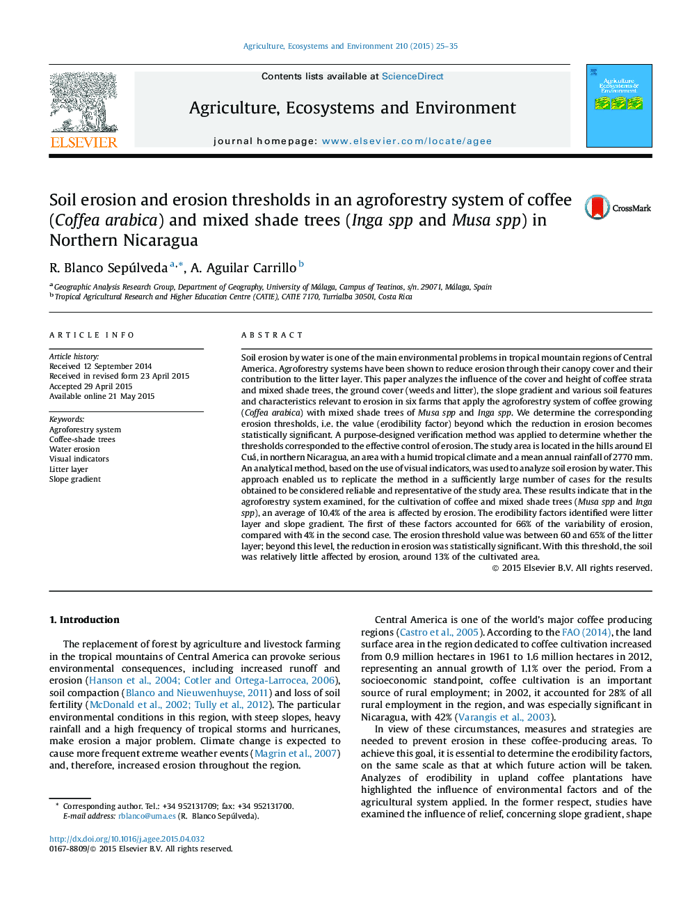 Soil erosion and erosion thresholds in an agroforestry system of coffee (Coffea arabica) and mixed shade trees (Inga spp and Musa spp) in Northern Nicaragua