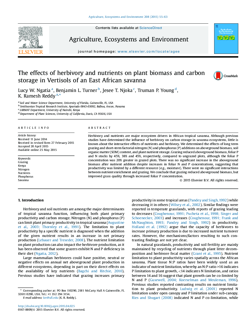 عکس صفحه اول مقاله: The effects of herbivory and nutrients on plant biomass and carbon storage in Vertisols of an East African savanna The effects of herbivory and nutrients on plant biomass and carbon storage in Vertisols of an East African savanna
