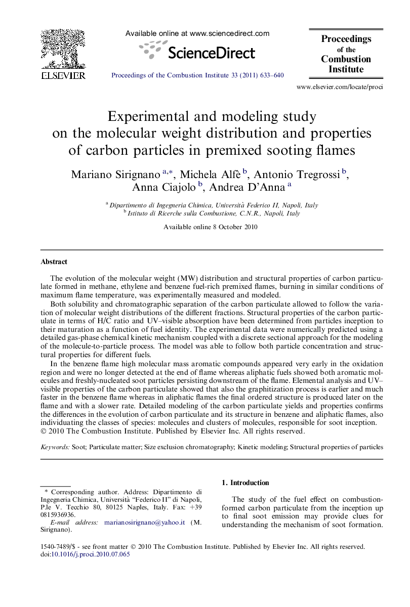 Experimental and modeling study on the molecular weight distribution and properties of carbon particles in premixed sooting flames