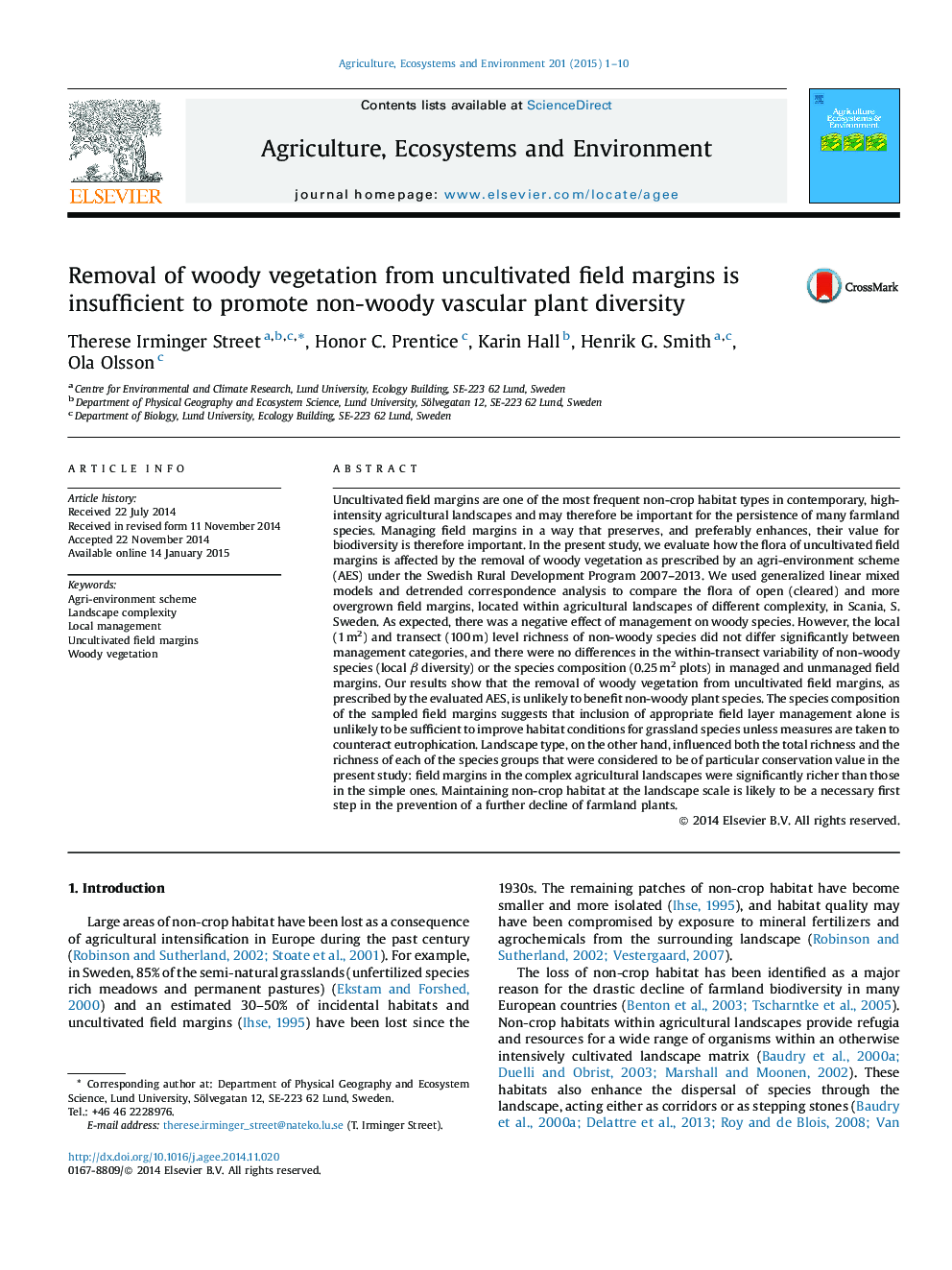 Removal of woody vegetation from uncultivated field margins is insufficient to promote non-woody vascular plant diversity