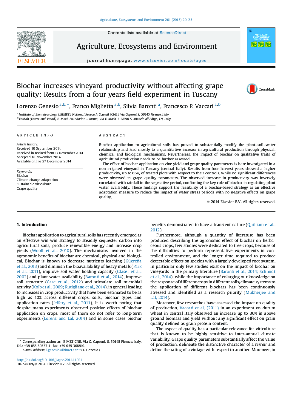 Biochar increases vineyard productivity without affecting grape quality: Results from a four years field experiment in Tuscany