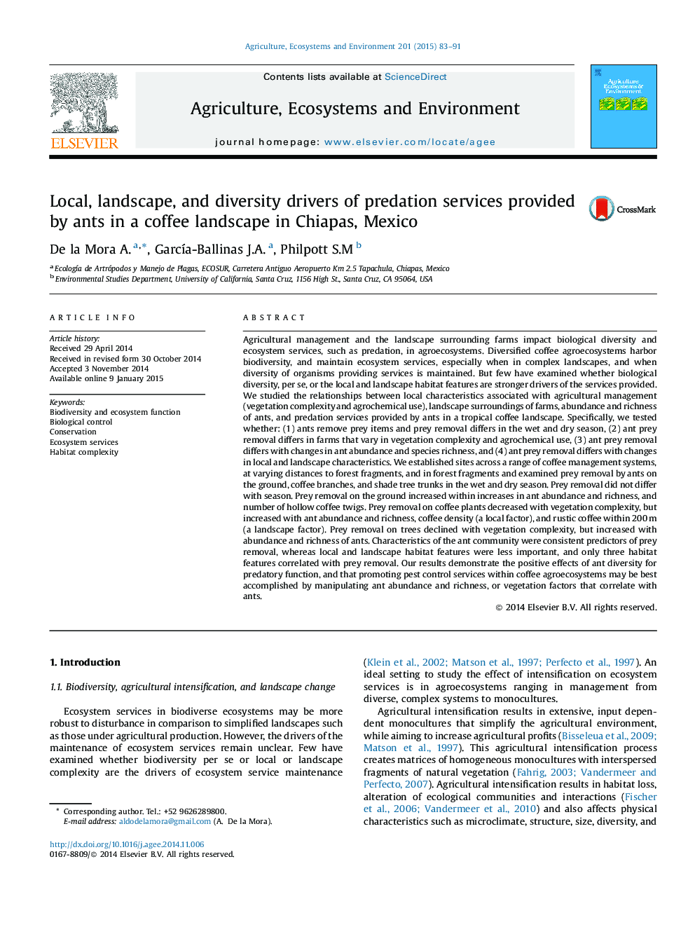 Local, landscape, and diversity drivers of predation services provided by ants in a coffee landscape in Chiapas, Mexico