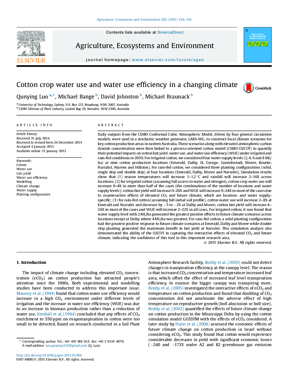 Cotton crop water use and water use efficiency in a changing climate