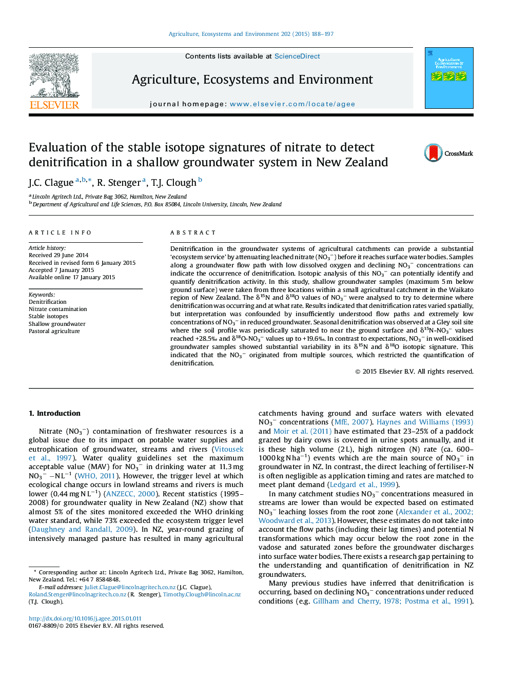 Evaluation of the stable isotope signatures of nitrate to detect denitrification in a shallow groundwater system in New Zealand