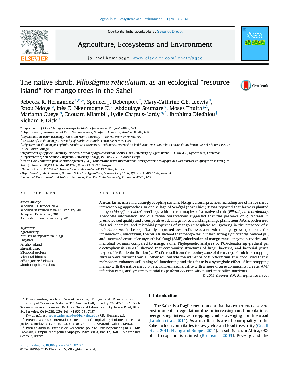 The native shrub, Piliostigma reticulatum, as an ecological “resource island” for mango trees in the Sahel