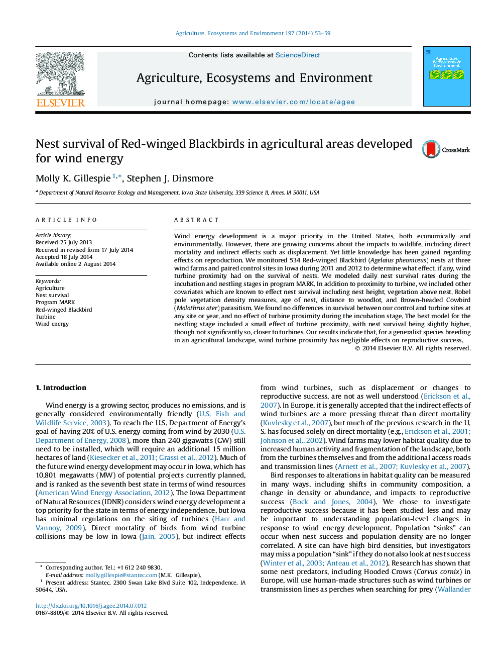 Nest survival of Red-winged Blackbirds in agricultural areas developed for wind energy