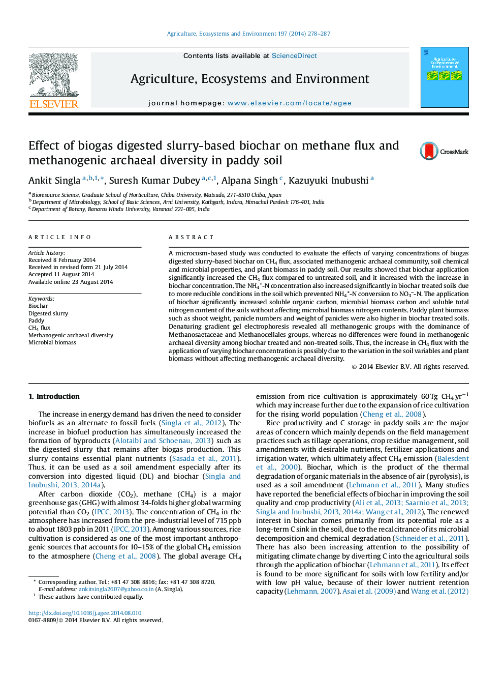 Effect of biogas digested slurry-based biochar on methane flux and methanogenic archaeal diversity in paddy soil