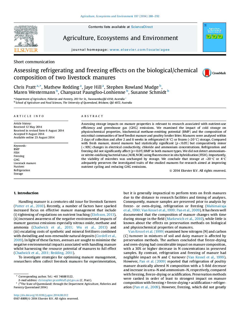 Assessing refrigerating and freezing effects on the biological/chemical composition of two livestock manures