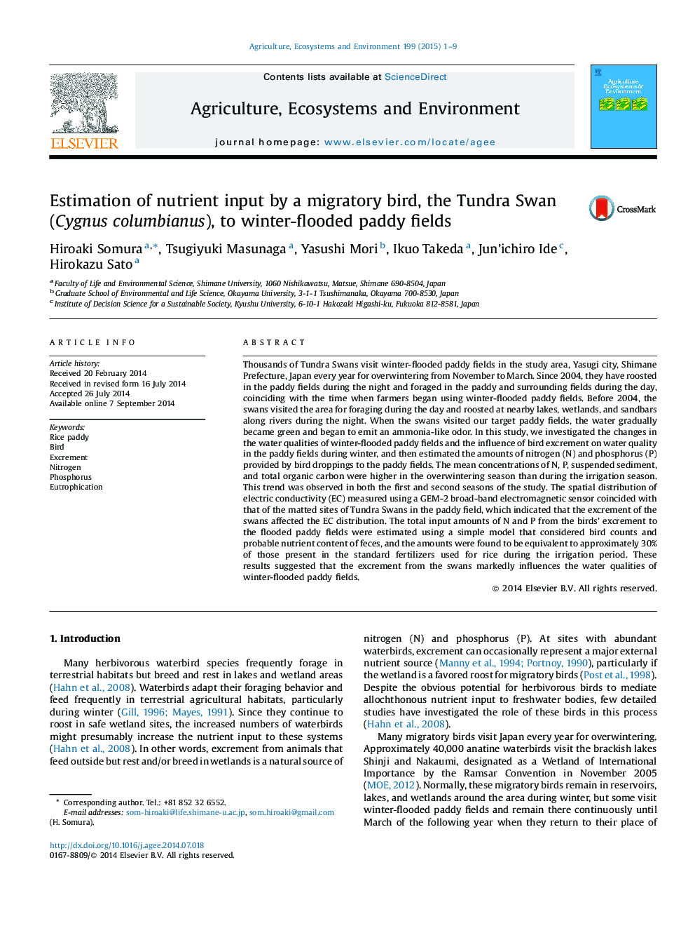 Estimation of nutrient input by a migratory bird, the Tundra Swan (Cygnus columbianus), to winter-flooded paddy fields