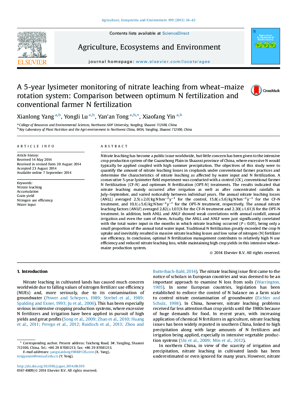 A 5-year lysimeter monitoring of nitrate leaching from wheat–maize rotation system: Comparison between optimum N fertilization and conventional farmer N fertilization