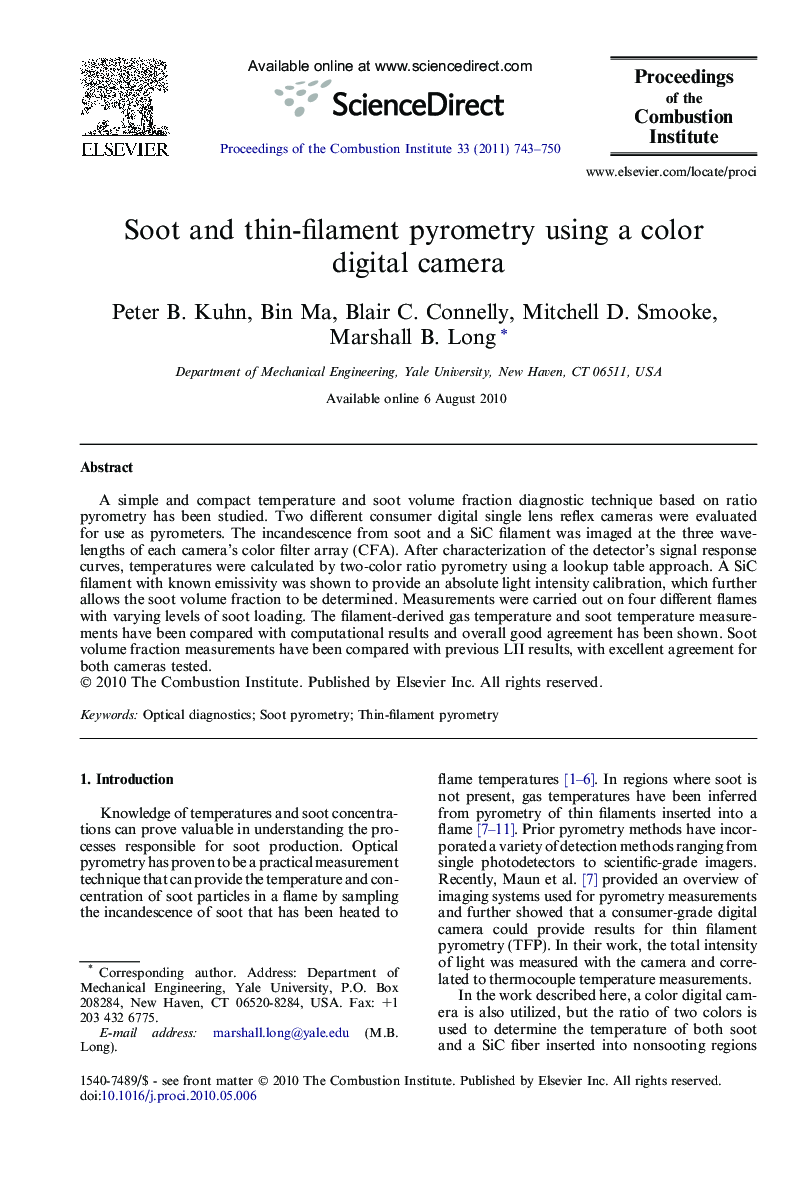 Soot and thin-filament pyrometry using a color digital camera