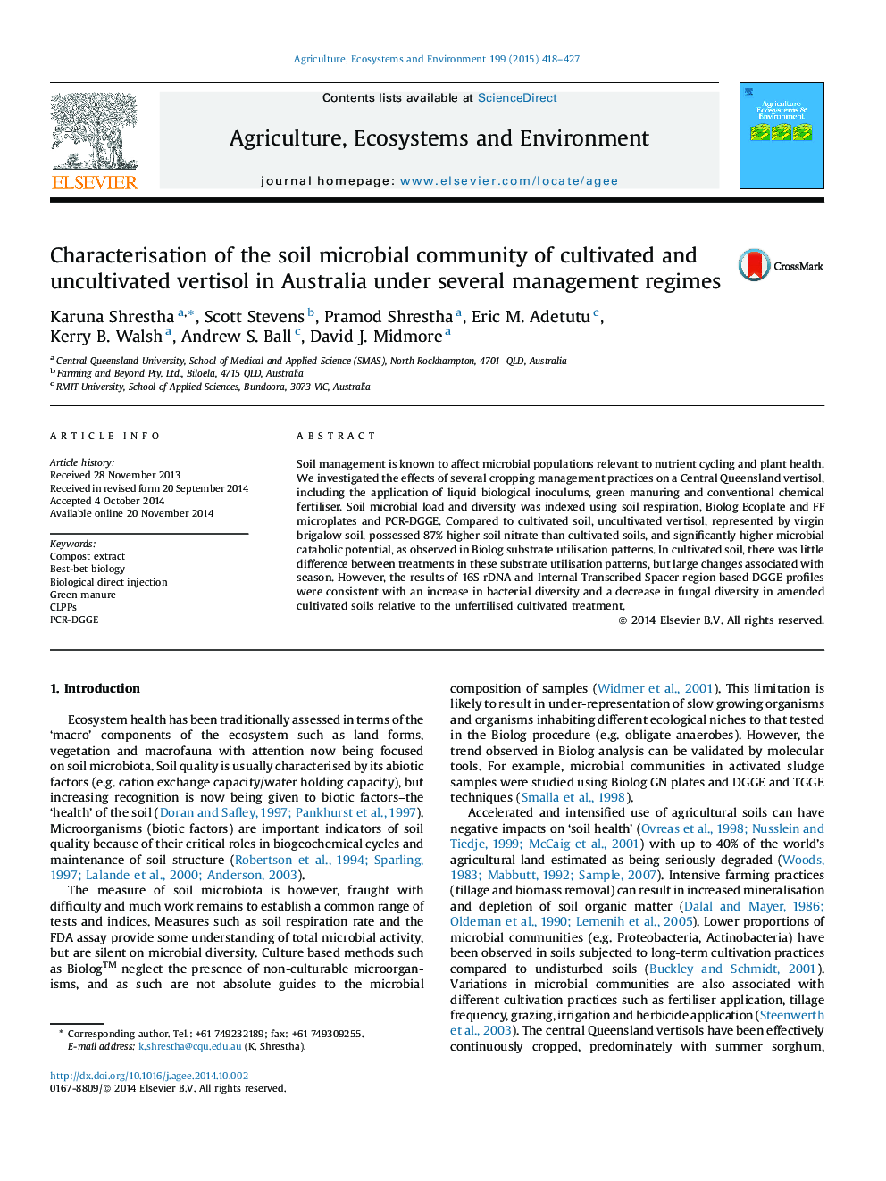 Characterisation of the soil microbial community of cultivated and uncultivated vertisol in Australia under several management regimes