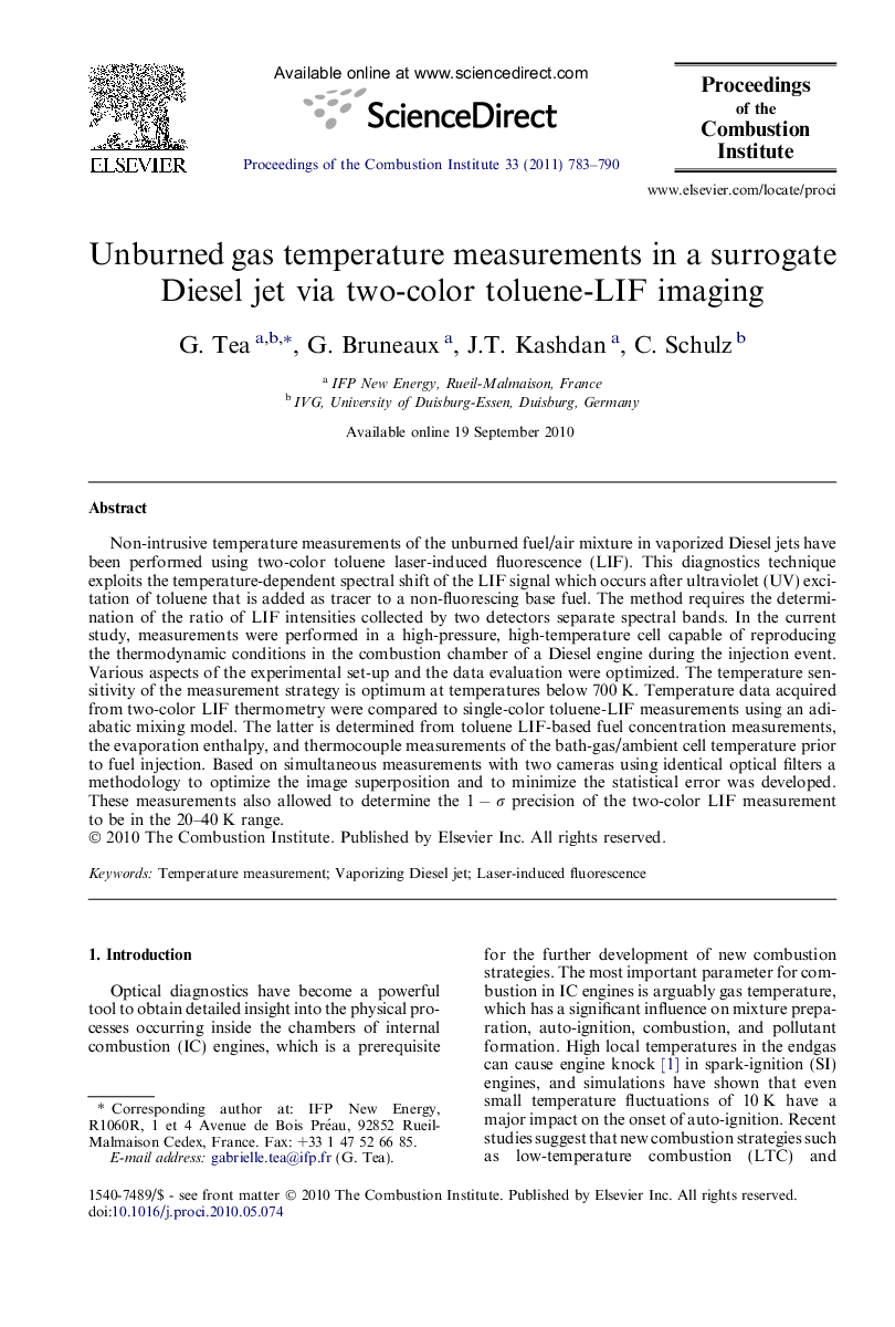 Unburned gas temperature measurements in a surrogate Diesel jet via two-color toluene-LIF imaging