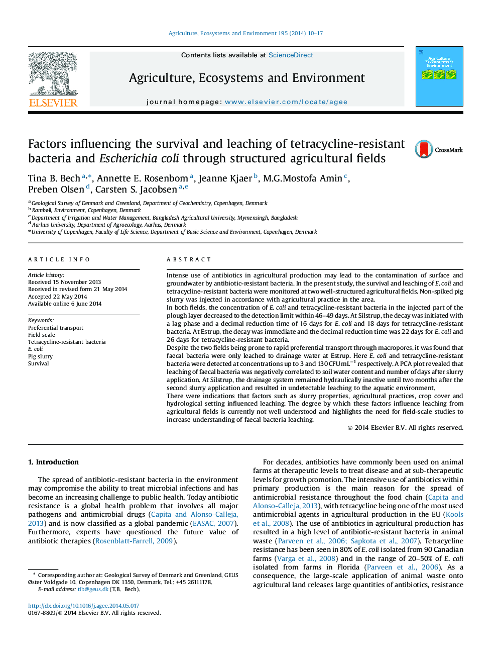 Factors influencing the survival and leaching of tetracycline-resistant bacteria and Escherichia coli through structured agricultural fields