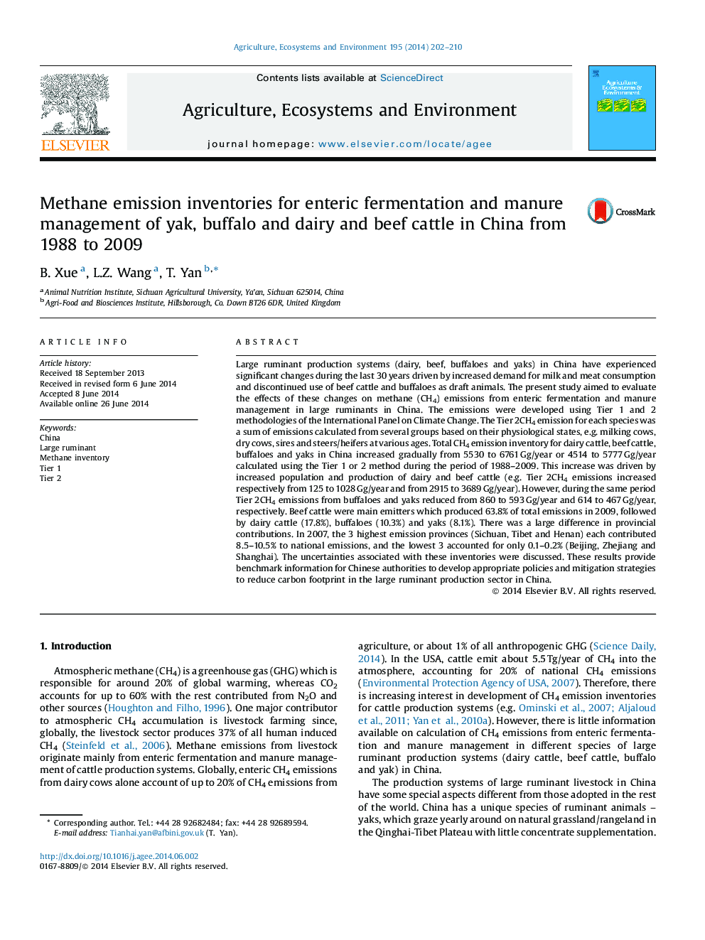 Methane emission inventories for enteric fermentation and manure management of yak, buffalo and dairy and beef cattle in China from 1988 to 2009