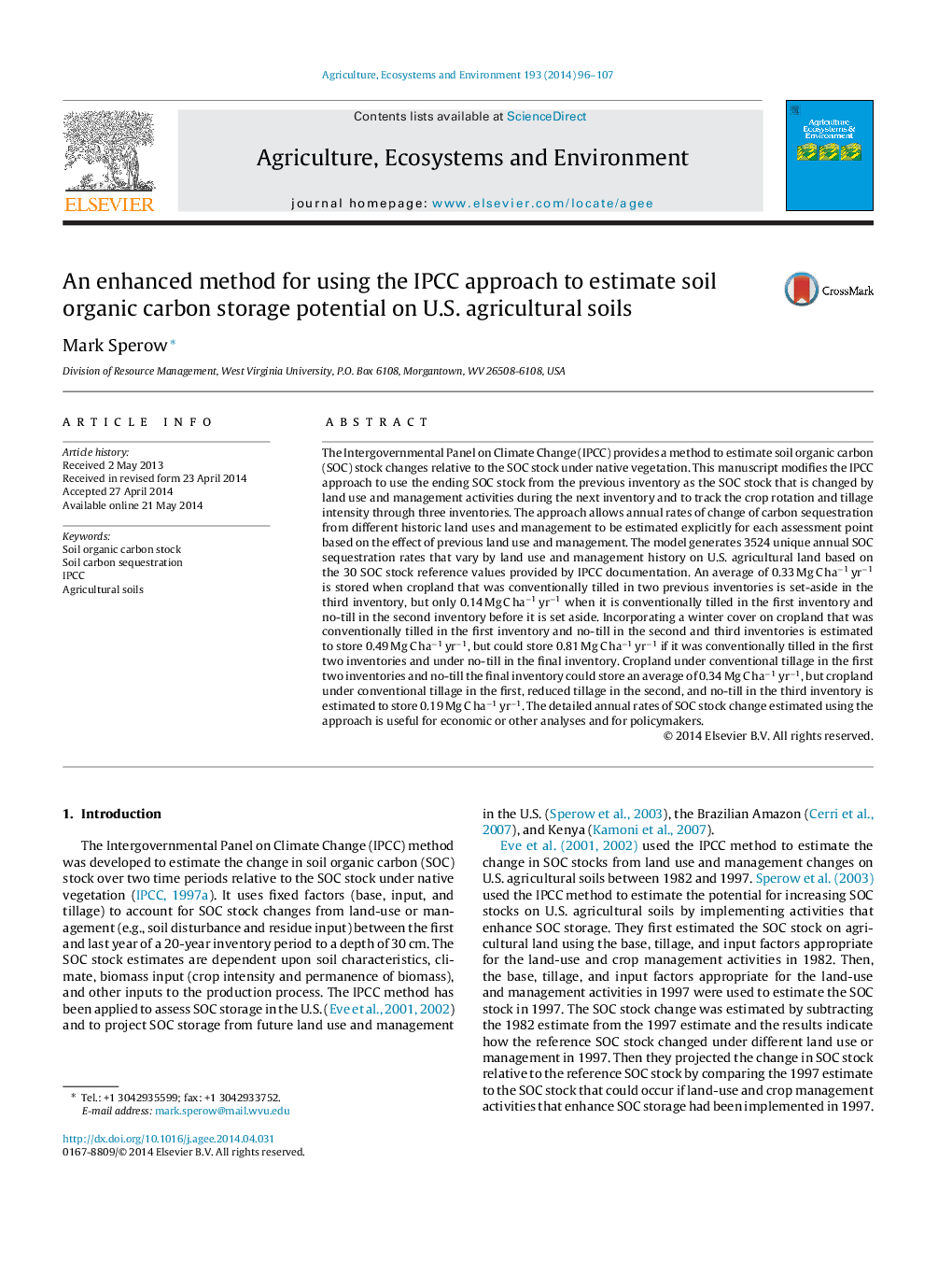 An enhanced method for using the IPCC approach to estimate soil organic carbon storage potential on U.S. agricultural soils