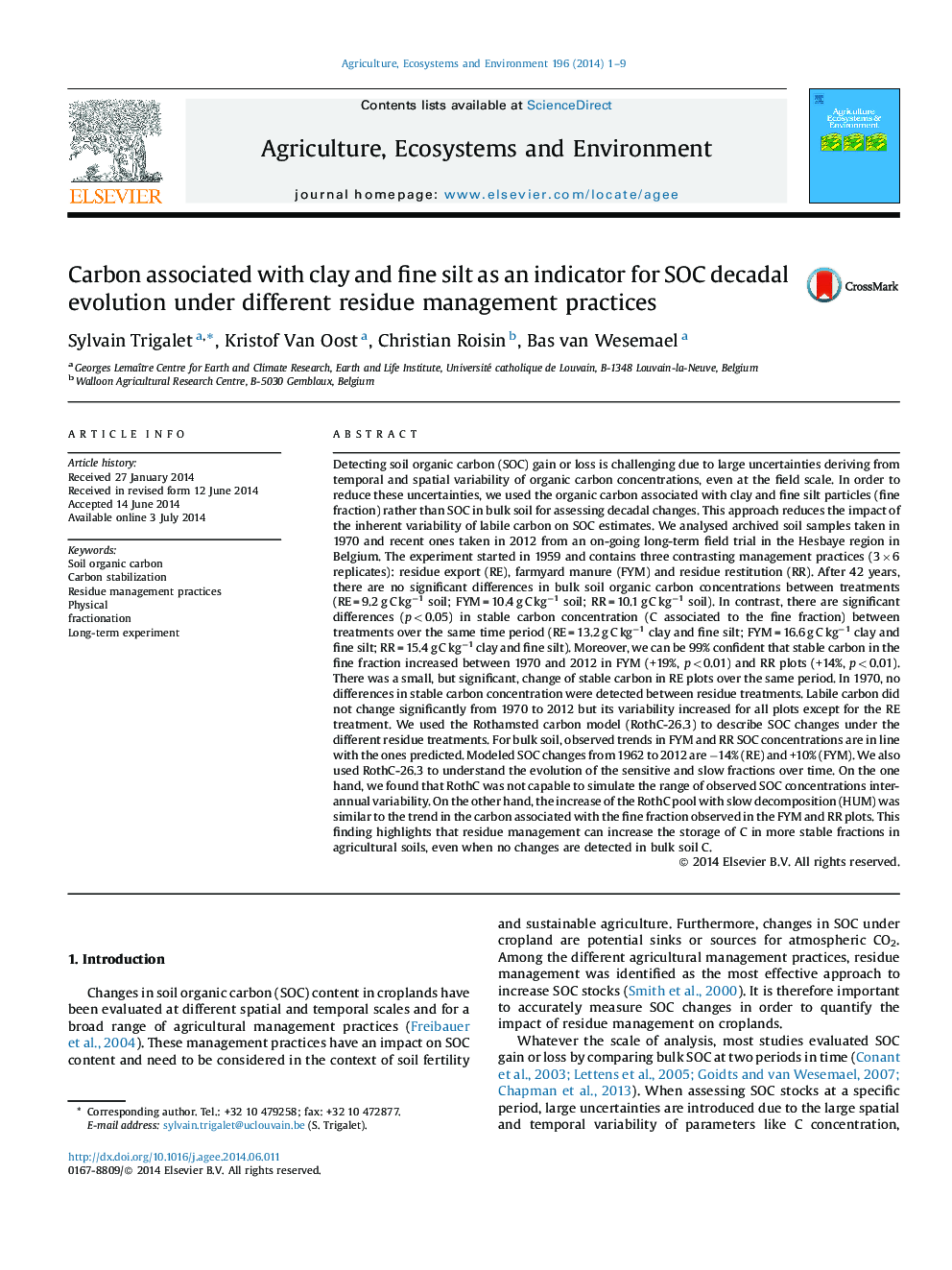 Carbon associated with clay and fine silt as an indicator for SOC decadal evolution under different residue management practices