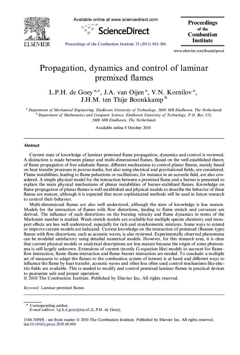 Propagation, dynamics and control of laminar premixed flames