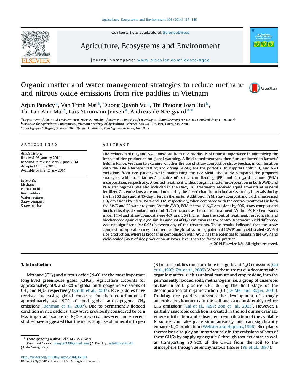 Organic matter and water management strategies to reduce methane and nitrous oxide emissions from rice paddies in Vietnam