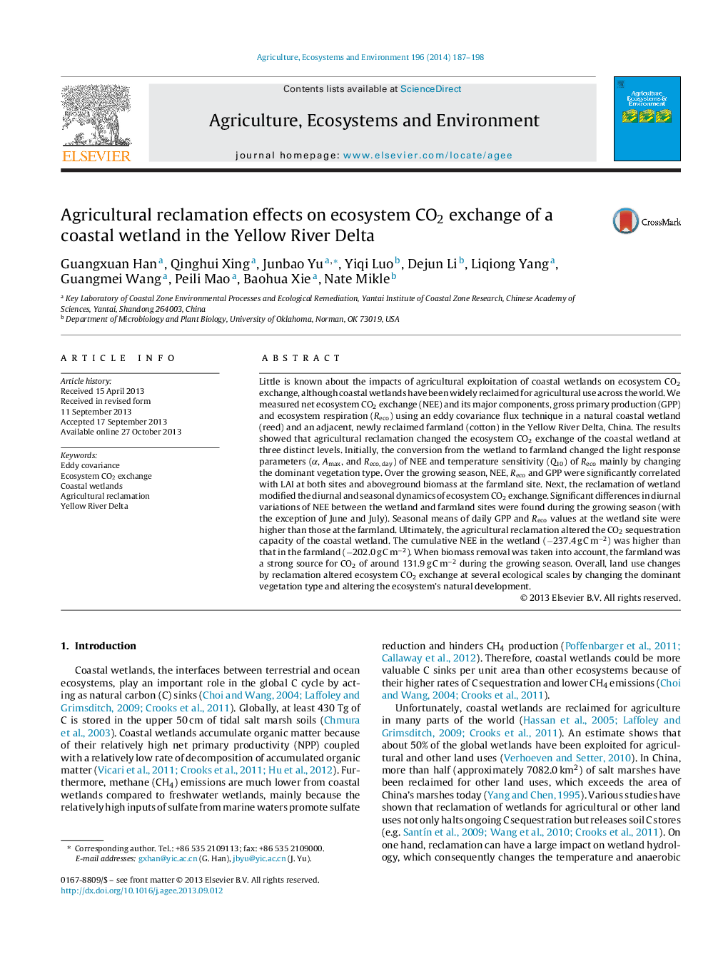 Agricultural reclamation effects on ecosystem CO2 exchange of a coastal wetland in the Yellow River Delta