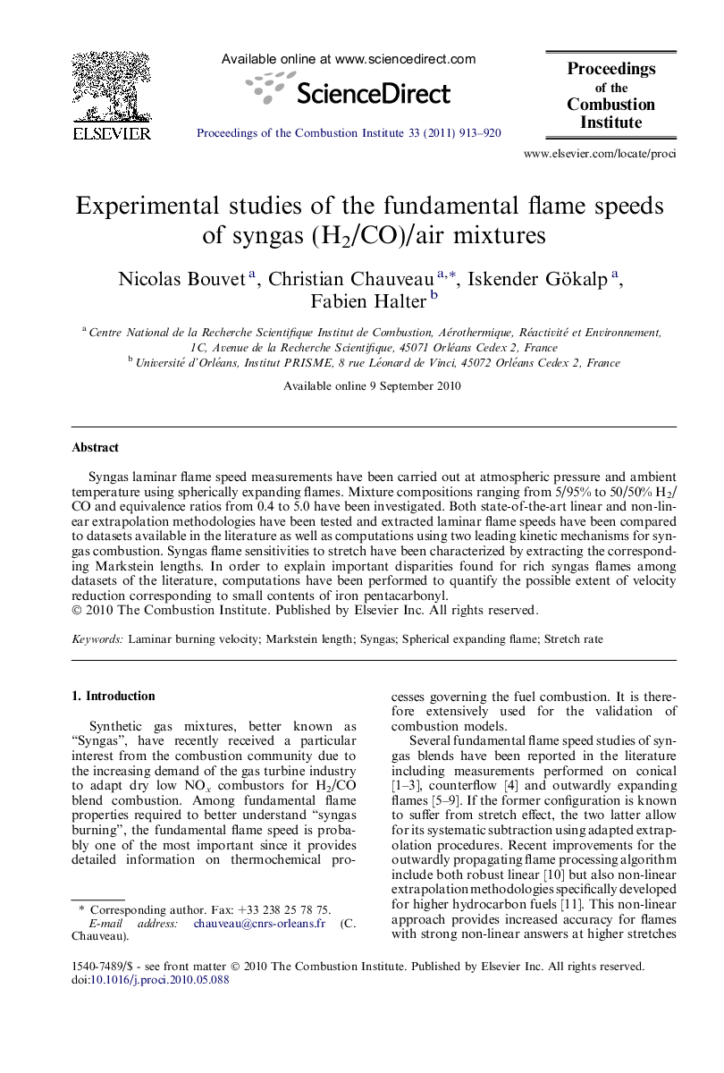 Experimental studies of the fundamental flame speeds of syngas (H2/CO)/air mixtures