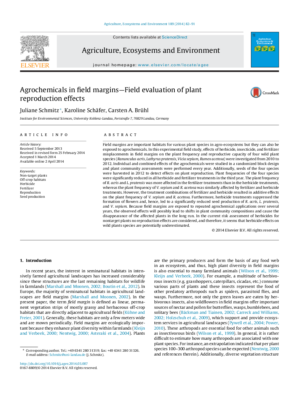 Agrochemicals in field margins—Field evaluation of plant reproduction effects