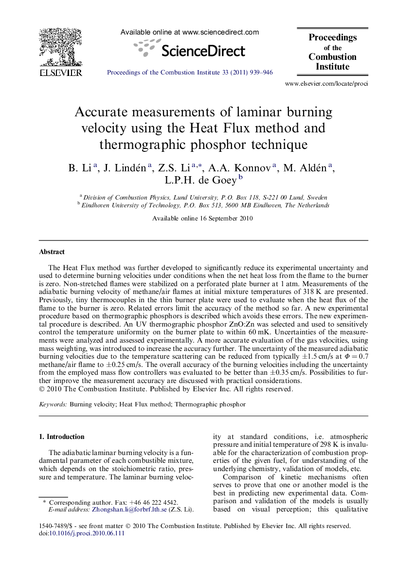 Accurate measurements of laminar burning velocity using the Heat Flux method and thermographic phosphor technique
